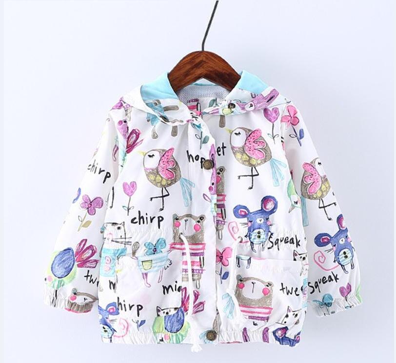 Ins Animal Print Coat Cartoon Hooded Jacket for Girls Birds Owl Windproof Sunscreen Ultraviolet-proof Kids Windbreaker