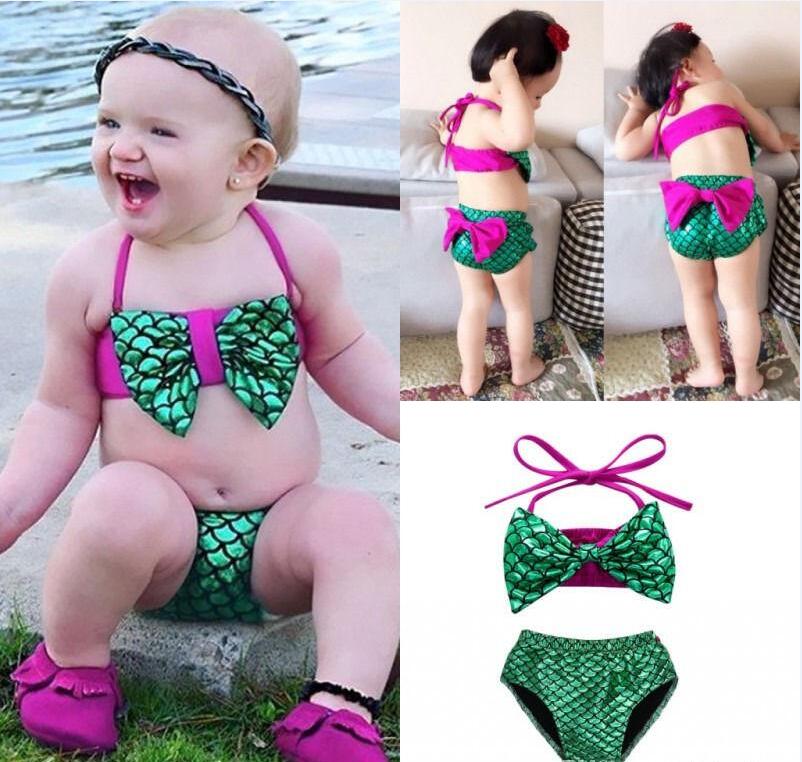 Girls Mermaid Swimsuits kids Bikini Set Clothes Bow Tops Shorts bottoms Swimwear - Click Image to Close