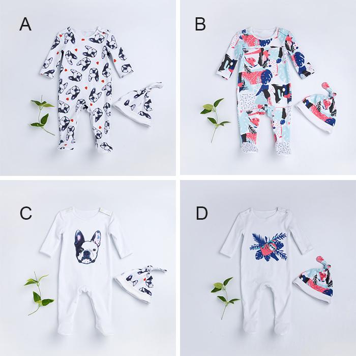 Dogs & Flower Print Romper Two-piece Clothes Sets Autumn Newborn Baby Infant Yellow Long Sleeve Jumpsuit +Hat Outfit 2pcs